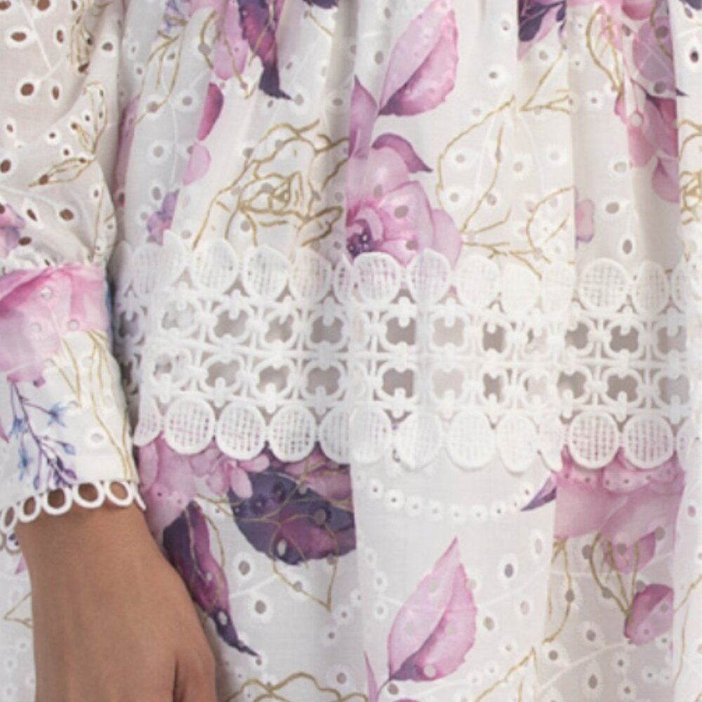 DALIA MACPHEE Long Sleeve Floral Eyelet Lace Trim Mini Dress - Picture 5 of 6